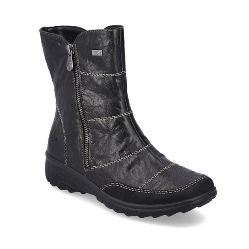 Black leather boot with a zipper, detailed grey stitching and treaded outsole.