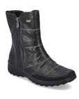 Black leather boot with a zipper, detailed grey stitching and treaded outsole.