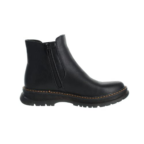 Profile of a black Chelsea boot with side zipper, accent tan stitching and a lugged outsole.