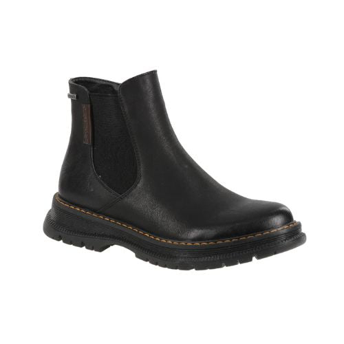 A black Chelsea boot with side goring elastic panel accent tan stitching and a lugged outsole.