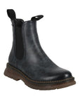Chelsea Boot in navy washed faux leather, pull tabs on two sides of cuff and lugged brown outsole.