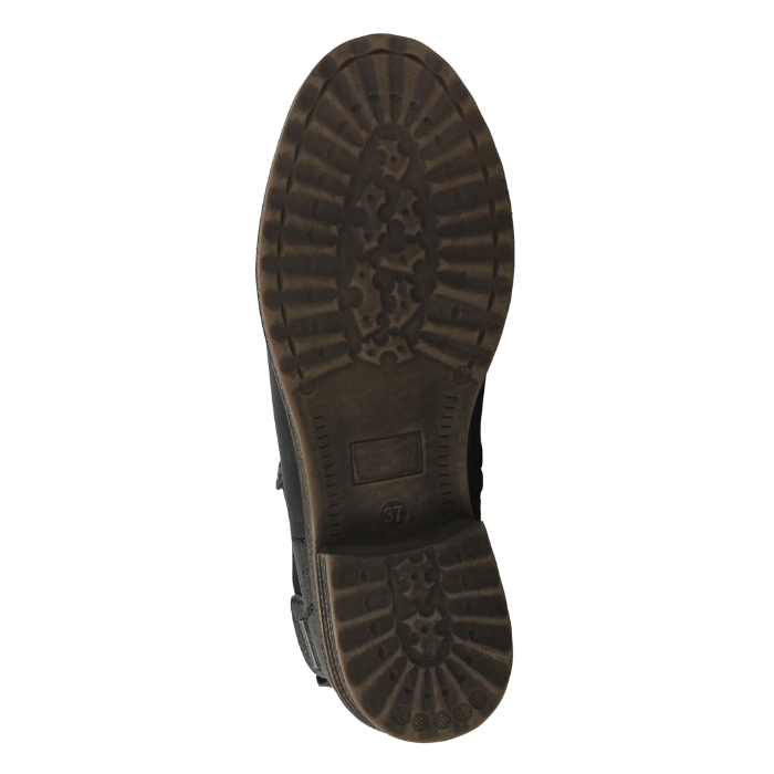 Brown treaded outsole with low heel of a Chelsea boot.