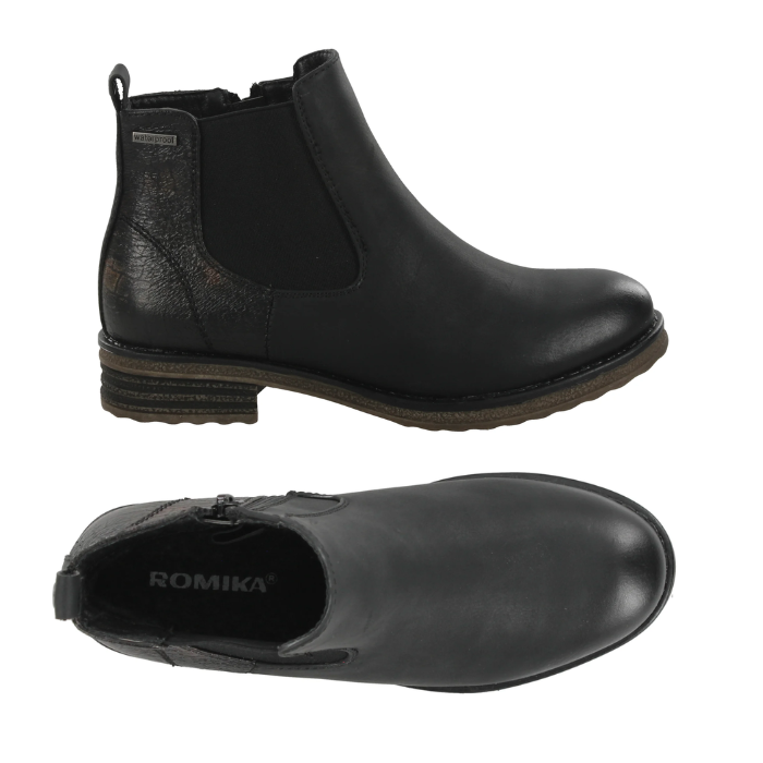 Pair of Chelsea Boot in black with elastic side panels, side zipper, textured accent heel and low heel.