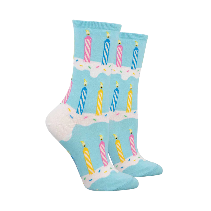 Women's candle socks with a fun, colorful design featuring birthday candles on a light blue background. Perfect gift idea for holidays or celebrations.