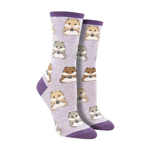 Women's Socksmith Going Ham Socks feature cute cartoon hamsters eating snacks on lavender cotton crew socks with purple accents. Ideal for pet lovers.