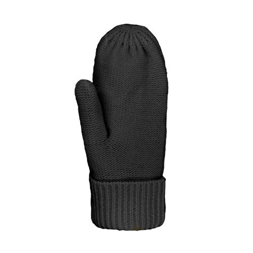 Knit black mitten with rolled up cuff.