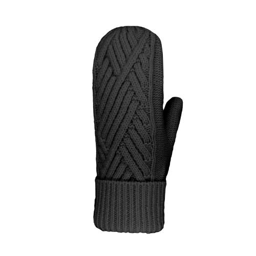 Knit black mitten with criss cross pattern and rolled cuff.