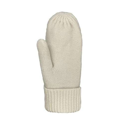 Knit cream mitten palm with rolled cuff.
