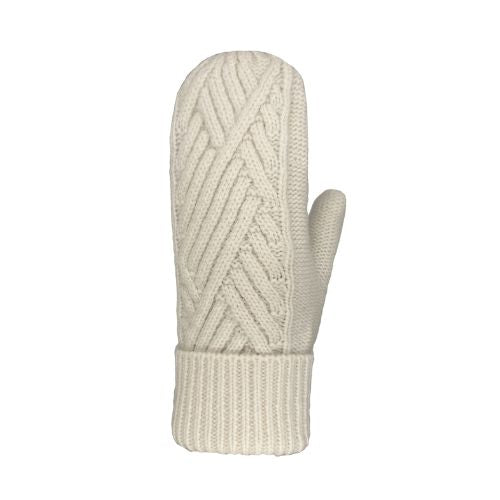Knit cream mitten with criss cross design and rolled up cuff.