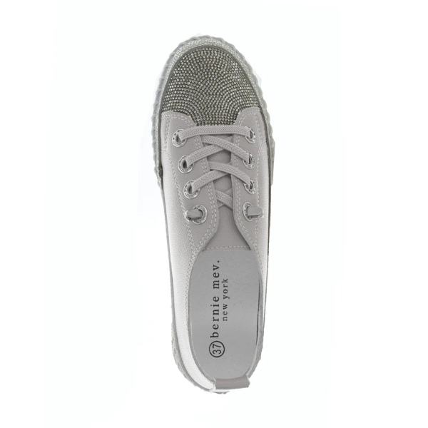 Top view White leather sneaker with silver rhinestones covering the toe and midsole, white laces and white Bernie Mev logo'd footbed.