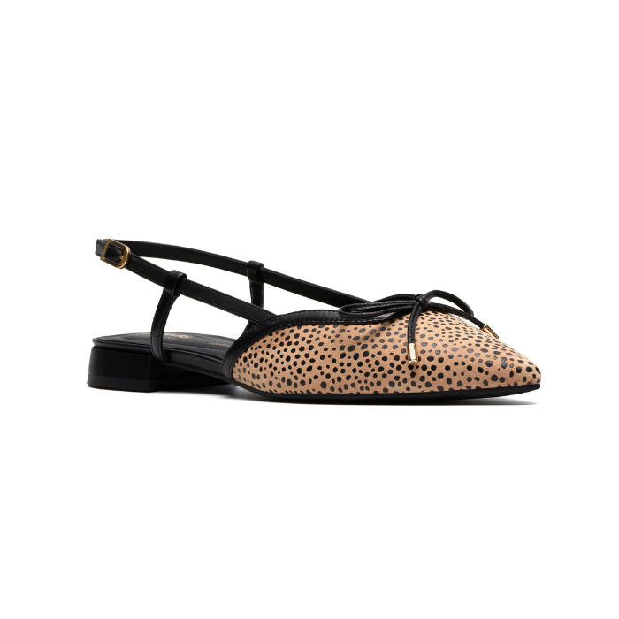 Pointed-toe slingback flat with bow detail, cheetah print upper and a low block heel.