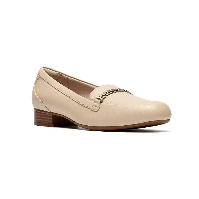 Beige loafer shoe with a gold chain detail and low stacked heel.