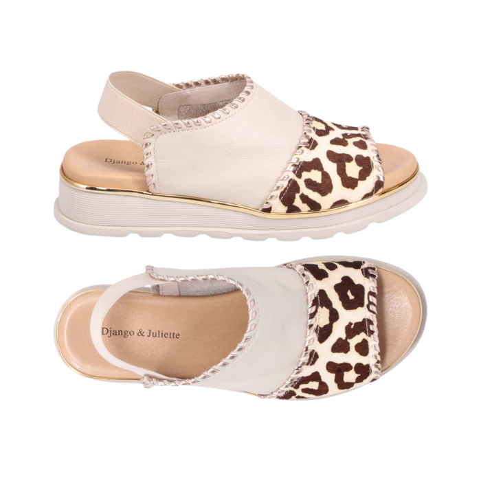 Pair of Almond and leopard sandals with gold stitching accents, elastic backstrap, tan Django &amp; Juliette logo'd footbed and off-white outsole.