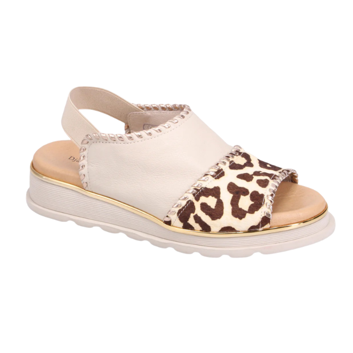 Almond and leopard sandal with gold stitching accents, elastic backstrap, tan footbed and off-white outsole.