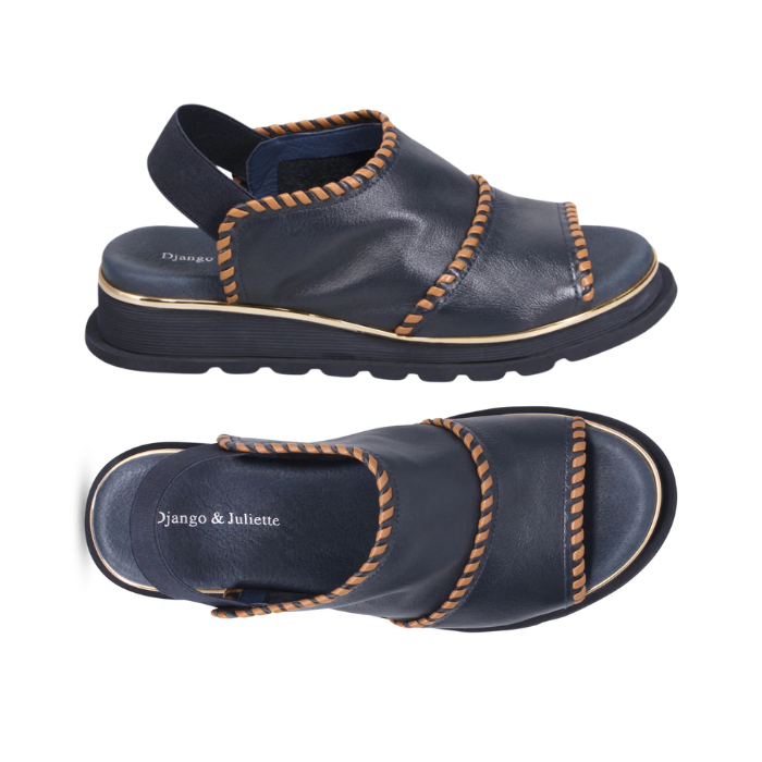 Pair of Navy sandals with brown stitching accents, elastic backstrap, navy Django & Juliette logo'd footbed and navy outsole.
