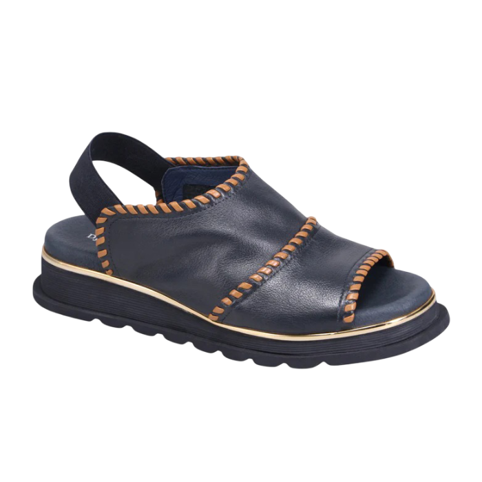 Navy sandal with brown stitching accents, elastic backstrap, navy footbed and outsole.