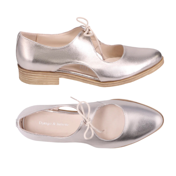Pair of Soft gold leather oxfords with d’Orsay side cutouts, tan Django and Juliette logo'd footbed and low stacked heel.