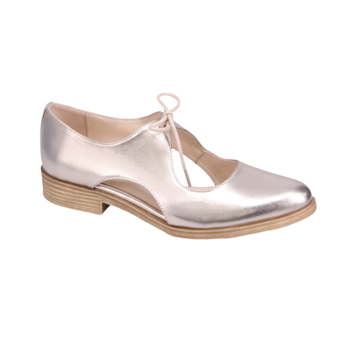 Soft gold leather oxford with d’Orsay side cutouts and low stacked heel.
