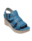Blue Leather gladiator style sandal with detail stitching and a lugged platform outsole.