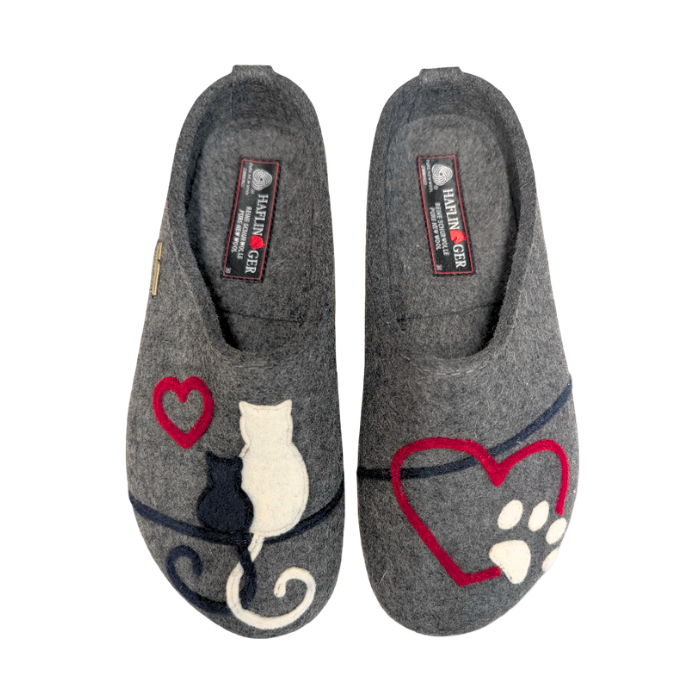 Grey wool clogs with Haflinger logo'd footbed, black and white cat with heart on one and red heart with white paw print on the other.