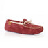 Women's Vancouver Moccasin Slippers in red suede with rubber sole, designed for indoor and outdoor wear. Canadian-made comfort footwear by Martino.