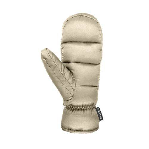 Side view of beige Women's Auclair Kayla Winter Mittens showing thumb design and elastic wrist for a snug, cozy fit.