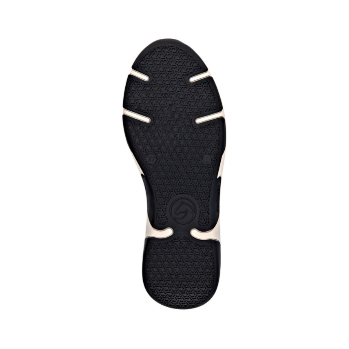 Black light treaded outsole with white accents and Remonte logo on heel.