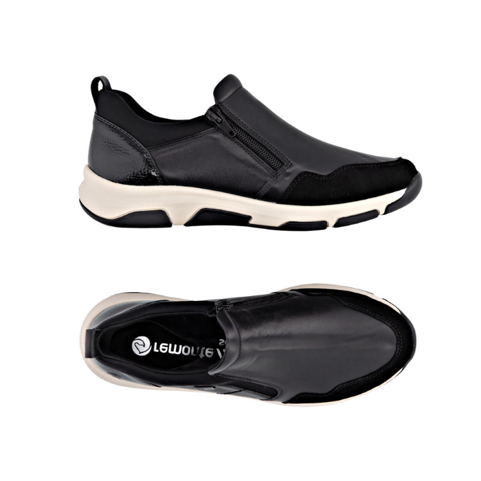 Pair of Black leather sneakers with suede and patent accents, black Remonte logo'd footbed with white midsole and black outsole.