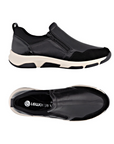 Pair of Black leather sneakers with suede and patent accents, black Remonte logo'd footbed with white midsole and black outsole.