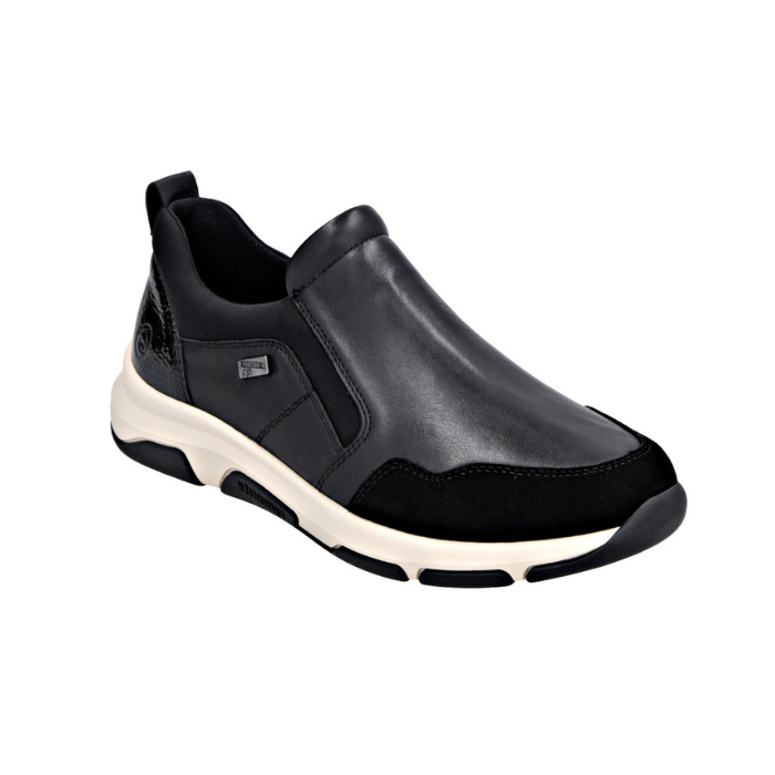 Black leather sneaker with suede and patent accents with white midsole and black outsole.