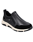 Black leather sneaker with suede and patent accents with white midsole and black outsole.