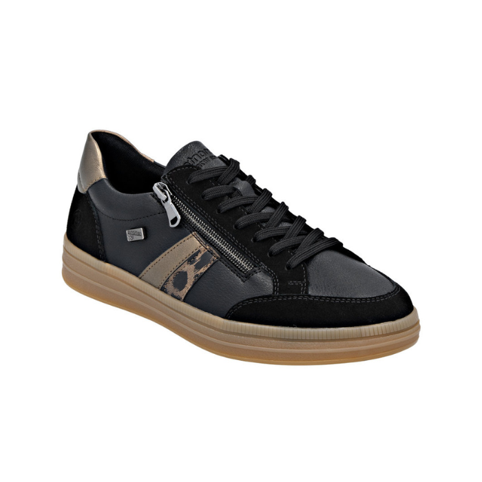 Black sneaker with bronze and cheetah print accents, black laces, side zipper and tan rubber outsole.