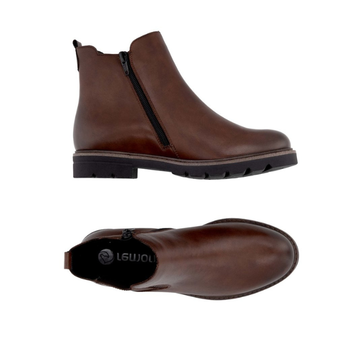 Pair of Brown Chelsea boot with side goring, inside zipper and lugged outsole. 