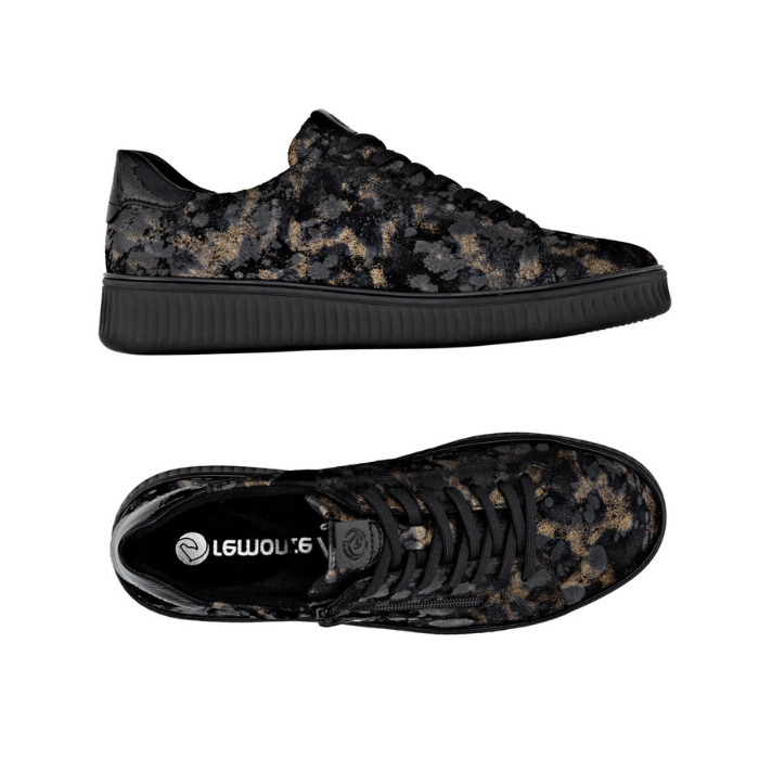 Pair of Black and bronze leopard print leather sneakers with black laces, black Remonte logo'd footbed and side zipper.