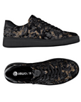 Pair of Black and bronze leopard print leather sneakers with black laces, black Remonte logo'd footbed and side zipper.