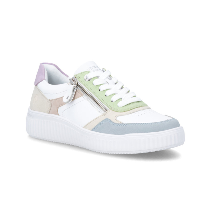 White sneaker with pastel color accents, white laces, side zipper and white thick outsole.