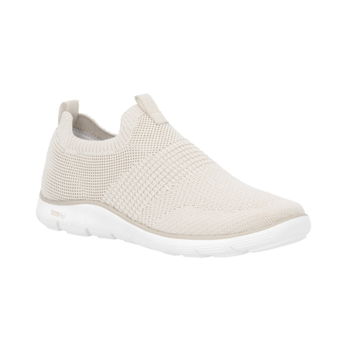 Beige knit slip-on shoes with white outsole.