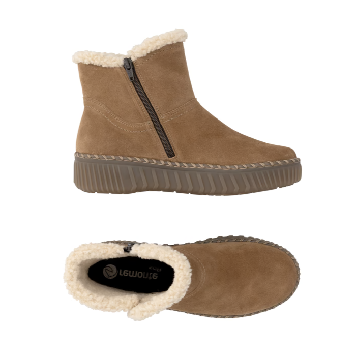 Pair of brown suede ankle boots with a cream shearling-style lining, side zipper, Remonte logo'd footbed and a chunky brown outsole.