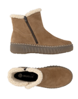 Pair of brown suede ankle boots with a cream shearling-style lining, side zipper, Remonte logo'd footbed and a chunky brown outsole.