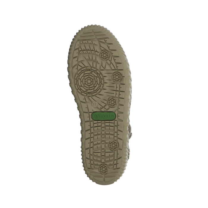 Grey multi-directional tread outsole with circles and lines and Green Remonte logo stamped in middle.
