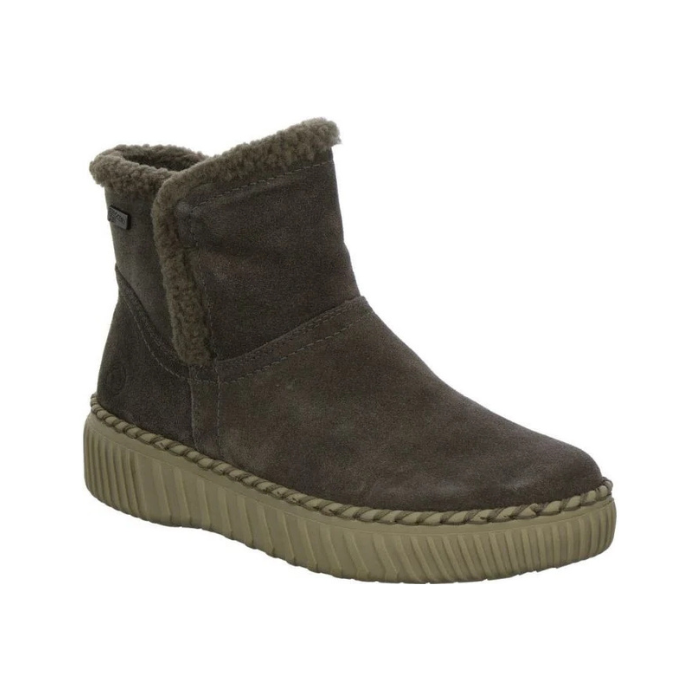 A grey suede ankle boot with a cream shearling-style lining and a chunky grey outsole.