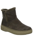 A grey suede ankle boot with a cream shearling-style lining and a chunky grey outsole.