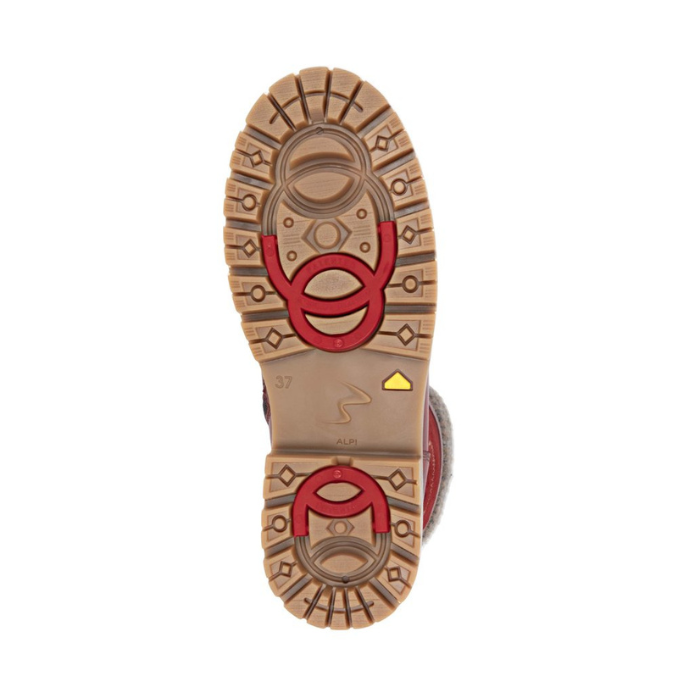 Brown rubber outsole with red flip grip cleats at toe and heel.