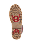 Brown rubber outsole with red flip grip cleats at toe and heel.
