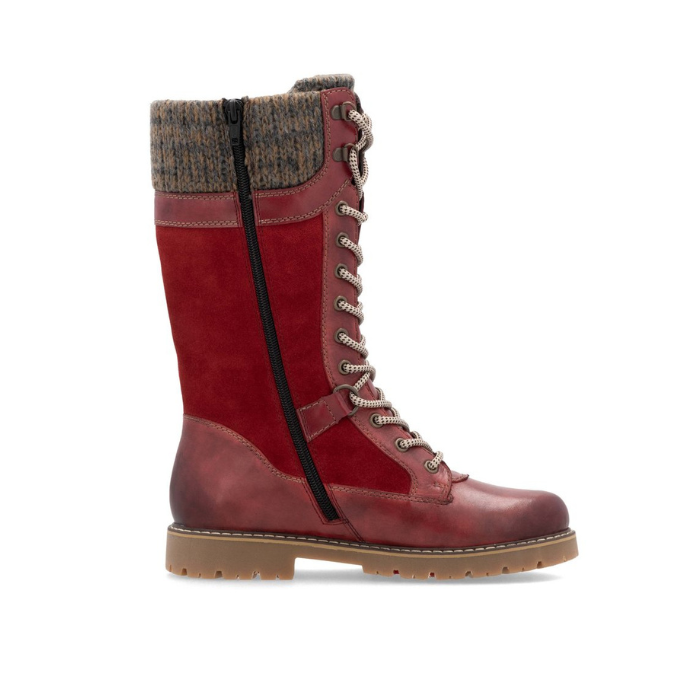 Profile of Red Suede and leather mid calf boot with grey knit cuff, full lace and brown rubber outsole.