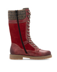 Profile of Red Suede and leather mid calf boot with grey knit cuff, full lace and brown rubber outsole.