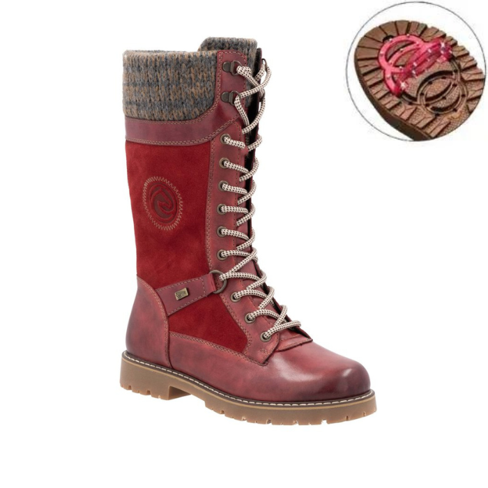 Red Suede and leather mid calf boot with grey knit cuff, full lace and brown rubber outsole.