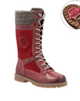 Red Suede and leather mid calf boot with grey knit cuff, full lace and brown rubber outsole.