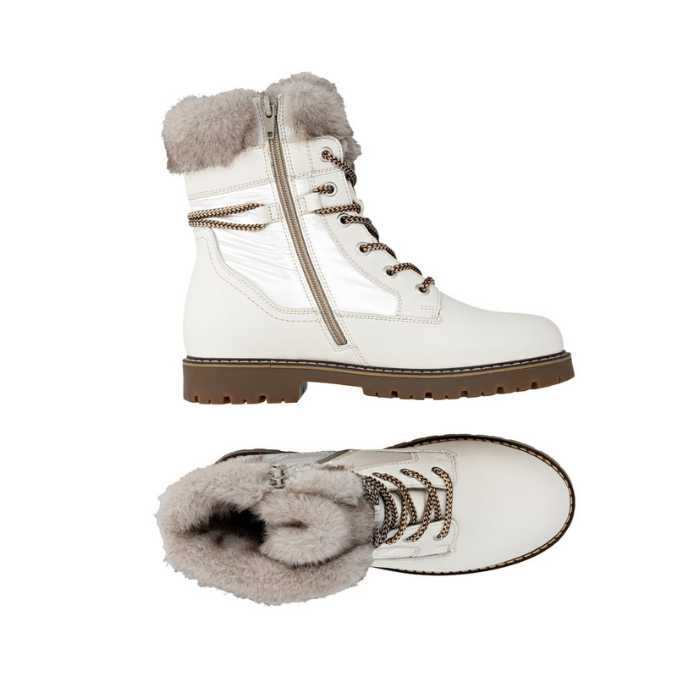 Pair of White winter boots with fur lining, inside zipper and brown outsole.