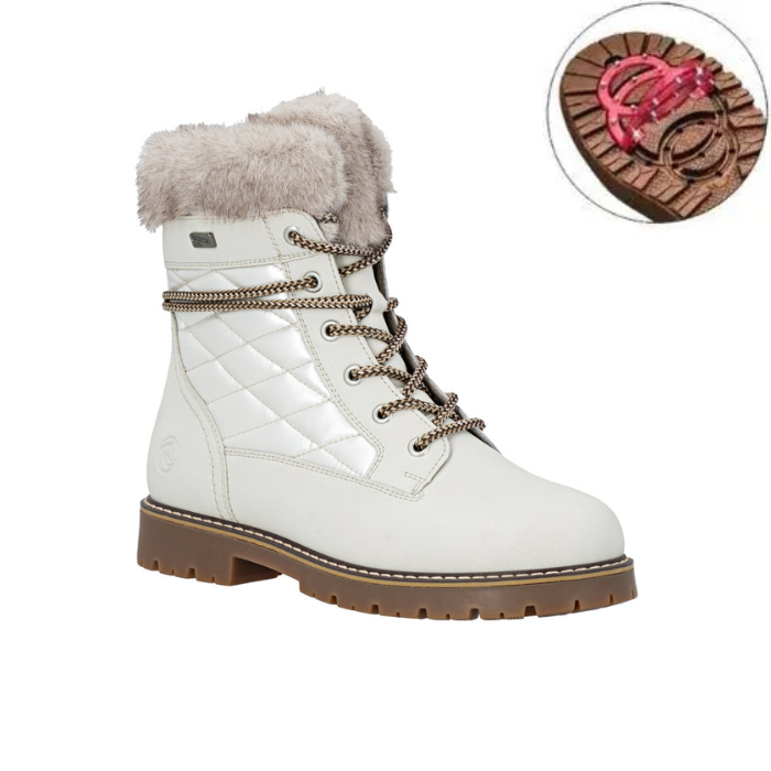 White winter boot with fur lining and brown outsole, red flip grip image in top corner.